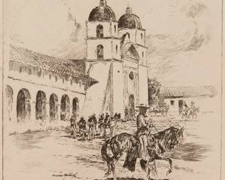 103
Edward Borein
(1872-1945)
"An Old Time Christmas - Mission Santa Barbara"
Etching and drypoint on wove paper
From the edition of unknown size
Signed and titled in pencil in the lower margin: Edward Borein
Plate: 9.625" H x 7.625" W; Sheet: 12.25" H x 8.875" W
Estimate: $1,200 - $1,800