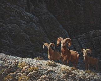 142
Fred J. Boyce
(1923-2023)
"Desert Bighorn Trio," 1981
Acrylic on Masonite
Signed, dated, and with the artist's device lower right: F.J. Boyce / 81; titled on a label affixed to the frame's backing paper
24" H x 27" W
Estimate: $2,000 - $3,000