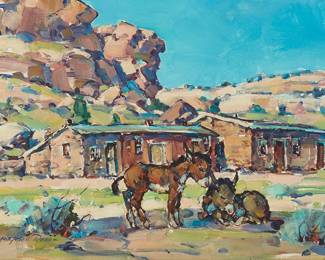 137
Marjorie Reed
(1915-1996)
"Sunday: Keams Canyon Trading Post," 1973
Oil on canvasboard
Signed lower left: Marjorie Reed; signed again and titled in ink on a label affixed verso; dated and inscribed in ink verso: "Sketch For Trading Post Series - / Arizona - 1973 -"
10" H x 14" W
Estimate: $1,000 - $1,500