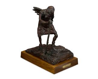 79
A. Kelly Pruitt
(1924-2009)
"A Time to be Old," 1968
Patinated bronze on rotating wood plinth
Signed, dated, and numbered in the casting: A. Kelly Pruitt / 1968 / 4-36; foundry mark: Hoka Hey [feather cipher]
Bronze: 14" H x 12" W x 8" D; Overall: 16" H x 14" W x 8.75" D
Estimate: $300 - $500