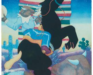 139
Dan Mitchell Allison
(b. 1953)
Western scene with bull-man on a rearing horse
Offset lithograph in colors on wove paper
An artist's proof aside from the edition of unknown size
Signed and dated in pencil in the lower right corner: Dan Allison '82; inscribed "AP" in pencil in the lower left corner
Image/Sheet: 23" H x 17.5" W
Estimate: $300 - $500