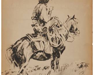 156
Frank Hoffman
(1888-1958)
"The Long Ride Home"
Ink wash on paper laid to paperboard
Signed lower right: Hoffman; titled by repute
20" H x 14.25" W
Estimate: $1,500 - $2,500