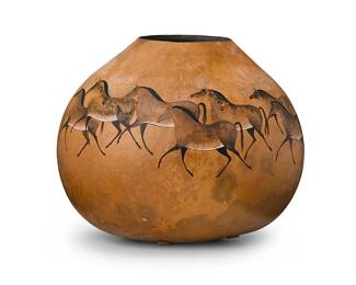 266
A painted gourd centerpiece
2003
Signed and dated to underside: D. PcPeak / '03
The carved gourd with incised and painted horse figures to body and black painted interior
13.25" H x 15" Dia., irregular
Estimate: $200 - $400