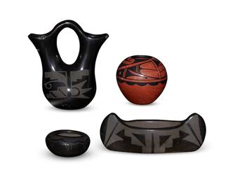 345
A group of Southwest pottery vessels
Mid-20th century
Four works:

Maria Martinez (1887-1980, Santa Clara Pueblo)
A blackware pottery seed jar
The jar with black on black banded raincloud motif to rim
1.625" H x 3.125" Dia.

Caroline G. Loretto (b. 1953)
A redware seed pot
The pot with banded avian motifs to shoulder
3.25" H x 3.625" Dia.

A blackware wedding jar
Incised to underside: Margaret [likely Margaret Garcia (1943-2016, Santa Clara Pueblo)] / Sta. Clara [illegible]
The two-spouted jar with black on black stepped and cloud motifs
6.25" H x 5.5" W x 3.5" D

A canoe-form blackware bowl
With black on black kiva step and geometric motifs to sides
2.75" H x 7.5" W x 2.75" D

4 pieces
Estimate: $100 - $200