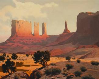 92
James Swinnerton
(1875-1974)
"Monument Valley"
Oil on canvas
Signed lower right: Swinnerton; titled on a gallery label affixed to the stretcher
30" H x 40" W
Estimate: $4,000 - $6,000