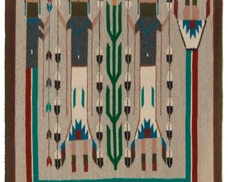 73
A framed Navajo Yei weaving
Late 20th century, Diné
Woven in brown, red, green, cream, light grey, turquoise, and black with two Yei dancers and a Rainbow Guardian with corn and feather motifs, with stepped border to top and lower edge, professionally mounted and framed under glass
Sight: 30.75" H x 28.75" W
Estimate: $200 - $400