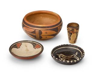 346
A group of Southwest pottery vessels
Mid/late 20th century
Four works:

Verna Nahee (b. 1940, Hopi-Tewa)
A polychrome yellowware bowl
Signed to underside: Verna Nahee
The three-color bowl with red and brown banded avian motifs
3" H x 5.5" Dia.

Three small vessels
One dish signed to underside: BZ
Comprising a three-color small dish with red and brown kiva step motifs to interior on a white slip ground, a dish with white painted bird motif to interior, and a diminutive yellowware vase with red and brown banded geometric motifs
3 pieces
Polychrome dish: 1.125" H x 4.25" Dia.; Vase: 2.5" H x 1.5" Dia.

4 pieces total
Estimate: $100 - $200