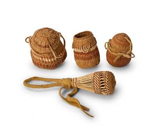 174
A group of Vera Ryerson Yurok basketry items
Vera Cooper Ryerson (d.1996, Yurok)
Circa 1980s
Four works comprising three polychrome twined tapered tobacco baskets, two with lids, and each with rawhide laces, as well as a twined basketry rattle with rawhide lacing trim
6 pieces (including lids)
Largest: 5" H x 3.5" Dia.; Smallest: 3.75" H x 2.5" Dia.; Rattle: 8.5" H x 2" Dia.
Estimate: $200 - $300