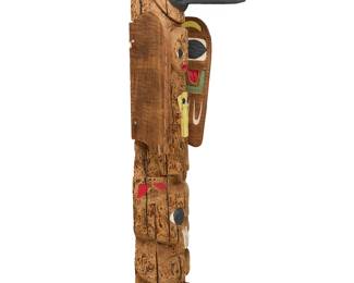300
Attributed to Kent (Patch) Peterson
(1939-2019)
A large Northwest Coast-style carved wood totem sculpture, late 20th century
Polychromed carved wood
With various figures including a raven, a beaver and a central seated figure holding a Northwest Coast flared "copper shield" motif, all in carved wood with polychrome painted highlights, carved and hewn from one piece of wood with attached wings to sides, the grain likely highlighted with slight burn treatment
79" H x 21" W x 23" D approximately
Estimate: $800 - $1,200