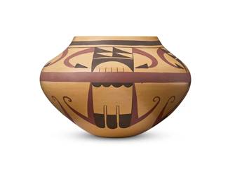 243
Debbie Clashin (b. 1969, Hopi-Tewa)
A polychrome pottery jar, 2019
Signed and dated to underside with artist's cipher: Debbie Cashin
The three-color jar with red and black bird wing motifs on a cream slip ground
4.25" H x 6.75" Dia.
Estimate: $300 - $500