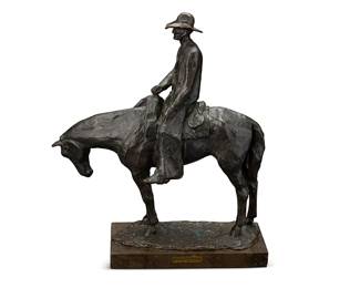 94
Harry Jackson
(1924-2011)
"Lone Hand," 1961
Patinated bronze on a stone plinth
Numbered: 32 from the edition of 40
Signed, dated, and numbered in the casting: © H Jackson / 61
15.5" H x 14.25" W x 5.5" D; Overall: 16.75" H x 14.5" W x 5.5" D
Estimate: $2,000 - $3,000