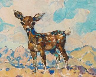 138
Marjorie Reed
(1915-1996)
"Bambi and the Lamb of God"
Oil on canvasboard
Signed lower right: Marjorie Reed; signed again and titled in ink on a label affixed verso
4.5" H x 7" W
Estimate: $300 - $500