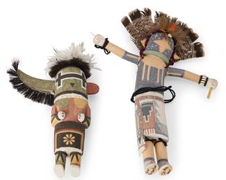 258
Two Hopi Pueblo katsinas
Two works:

Ryon Polequaptewa (b. 20th century, Hopi-Tewa, Sun Clan)
A Sohu "Chasing Star-Meteor" katsina, 2009
Signed and dated to underside
In polychromed cottonwood with painted stars to mask, attached feathers, corn husk earrings, and bead bracelet, with arms outstretched
17.5" H x 12" W x 3" D

Mario Ugalde (b. 20th century, Hopi-Tewa)
A Longhorn katsina, late 21st century
Unsigned
In polychromed cottonwood with one horn, red ear, and attached horsehair and feathers
12" H x 8" W x 4.5" D

2 pieces
Estimate: $300 - $500