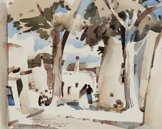 129
Rex Brandt
(1914-2000)
"Bright Morning at La Posada" (New Mexico), 1978
Watercolor on paper
Signed, titled, and dated in pencil lower left: Rex Brandt N.A. / 9-15-78
Sight: 13.5" H x 15.5" W
Estimate: $800 - $1,200