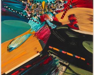 34
Dan Namingha
(b. 1950, Hopi-Tewa)
"Ancient Images," 1980
Lithograph in colors on paper
Edition: A "bon a tirer" [good to pull/print] impression aside from the numbered edition of 100
Signed, titled, and inscribed "B.A.T.," all in pencil along the lower sheet edge; dated by repute; Stephen Britko of Naravisa Press, Santa Fe, NM, prntr./pub., with his blindstamp in the lower left corner
Image/Sheet: 15.25" H x 22.25" W
Estimate: $100 - $200