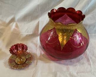 Vintage Bohemian Gold Gilded Cranberry Glass