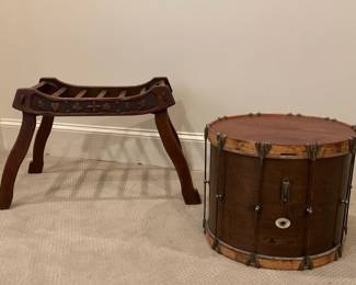 Antique Wood Stool and Drum Table