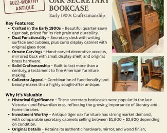 Antique tiger oak secretary bookcase