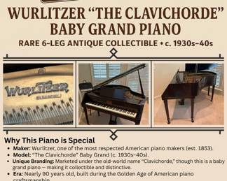 Wurlitzer "The Clavichorde" Baby Grand Piano. Rare. 6 legs. Antique. 