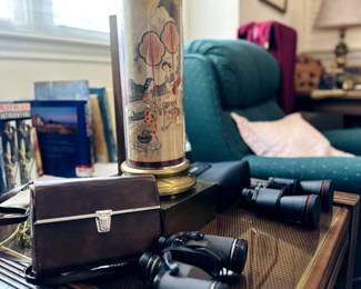 binoculars, lamps, side tables, coffee tables 