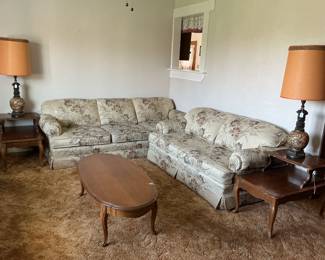 2 beautiful sofas (small sofa 68x30)(big sofa 87x30), tables, & lamps (41 inches tall each), (oval table 51x17)