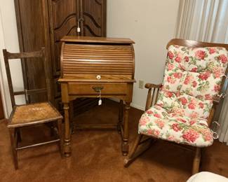 Wood chair (13x36), rocking chair (22x40), secretary desk (24x44)