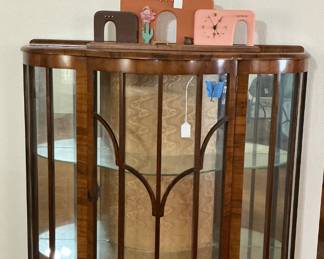 Display cabinet with key (38 W x 46 H), southwestern decor (22W x 12H), wooden trinket display (17W x 13 1/2 H)
