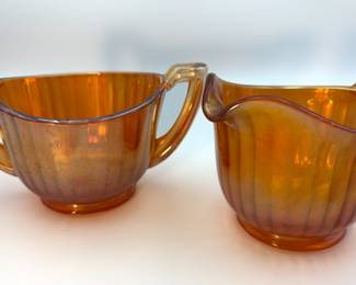 Marigold Carnival Glass Creamer and Sugar Set. 