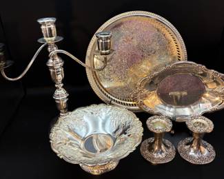 Silver Plate Serving Pieces and Candle Sticks