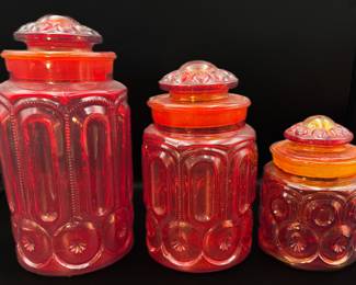 L.E. Smith Glass Moon & Star Ruby Red Canister Jars