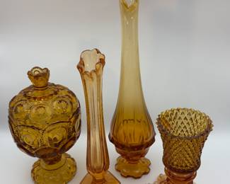 Vintage Amber Glass Collection Including  "Moon and Stars"  Candy Compote and Candle Holder and Fenton  Swung Vases