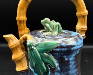 Majolica Pottery Teapot W/Bamboo Pattern Handle and Whimsical Frog  on the Lid