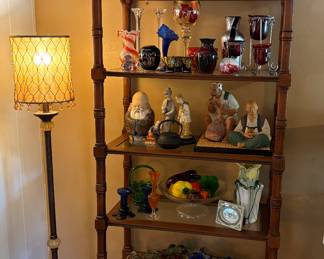 Five Shelf Wooden Etagere and Modern Floor Lamp