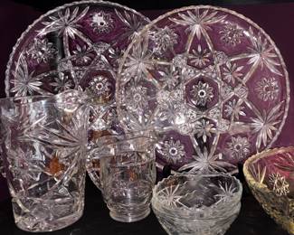 Vintage Press and Cut Clear Glass Serving Pieces, Vases and Candle Sticks