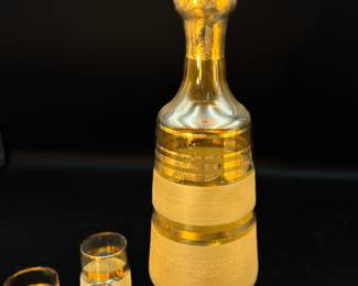 Czech Bohemian Glass Amber/ Gold Decanter Set with Matching Shot Glasses
