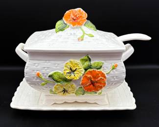 Lefton China Pansy Pattern Soup Tureen, Plate and Ladle