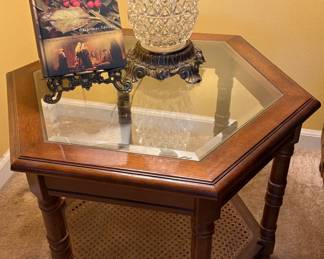 Hexagon Glass and Wood Coffee Table and Three End Tables