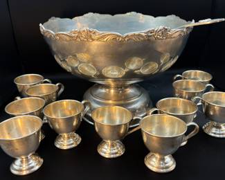 Nickel Silver Played Punch Bowl and Cups