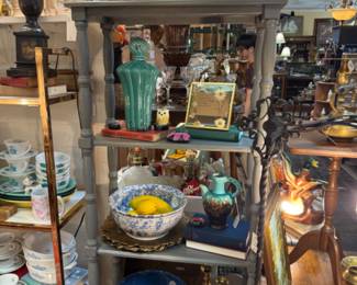 Lots of decor, beautiful cherry blossom pitcher, pottery glazed small pitcher, blue drop bowl, vintage brass candlesticks, small copper and brass coal scuttle