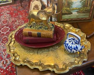 Gorgeous Brass large tray, antique brass elephant, blue and white pottery and old books