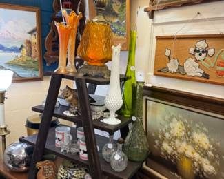 ladder shelf, gorgeous collectible vases and oils