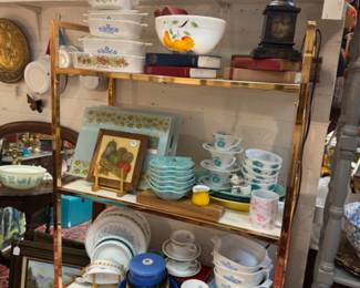 Lot of vintage kitchen including cutting boards, corelle plates, vintage corning ware, fire king fruit bowl, cute vintage inspired corning ware cutting boards, spice of life pieces too