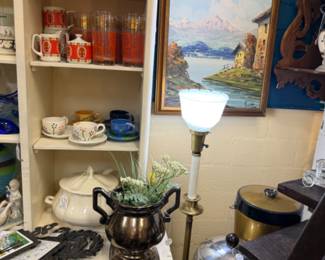 Vintage framed oils, old kitchen glassware