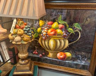 Beautiful vintage fruit lamp and oil painting