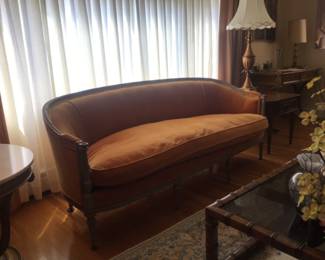 Designer Sheraton sofa with a beautiful aged grey wood tone also down cushions