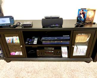 Black wood and glass TV base