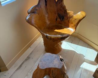 Carved Burl mid century Wood Chair with foot stool or side table