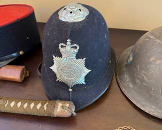 British Bobby Police Helmet Rose Top & Hertfordshire Constabulary Plate Vintage