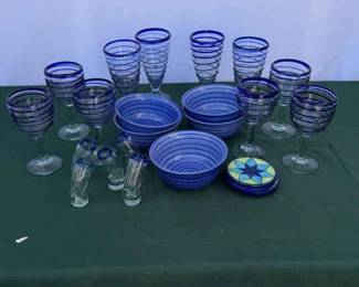 Blue Hand Blown Swirl Dish Set