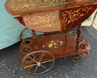 Vintage Italian Inlaid Wood Tea Bar Cart